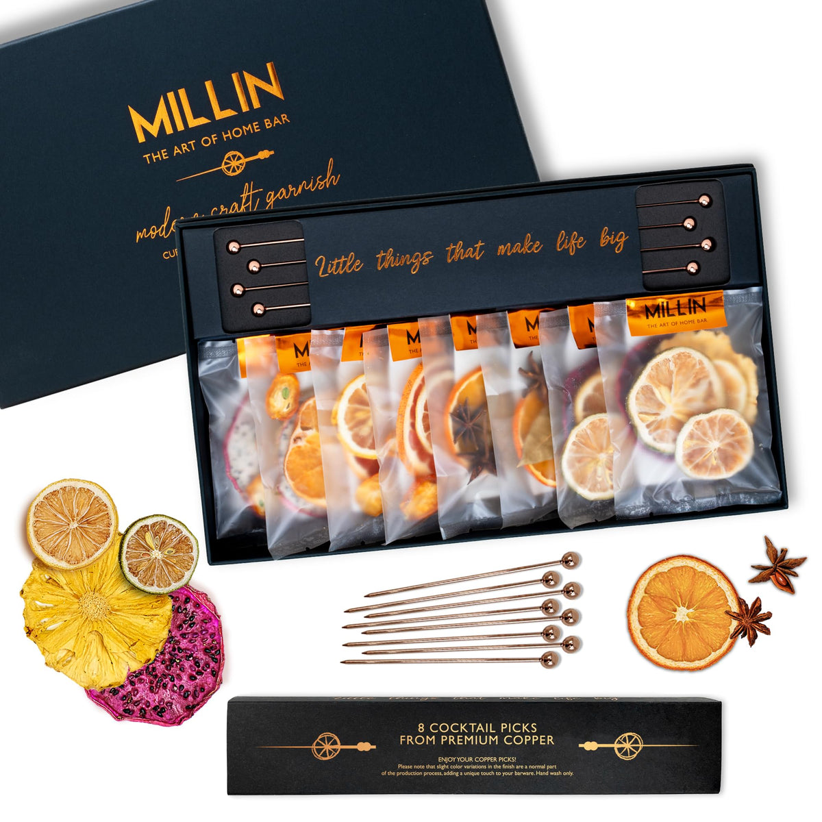 Millin Gourmet Garnish Gift Set – 100% Natural Dehydrated Fruits & Copper Cocktail Picks (35 slices + 8 picks)
