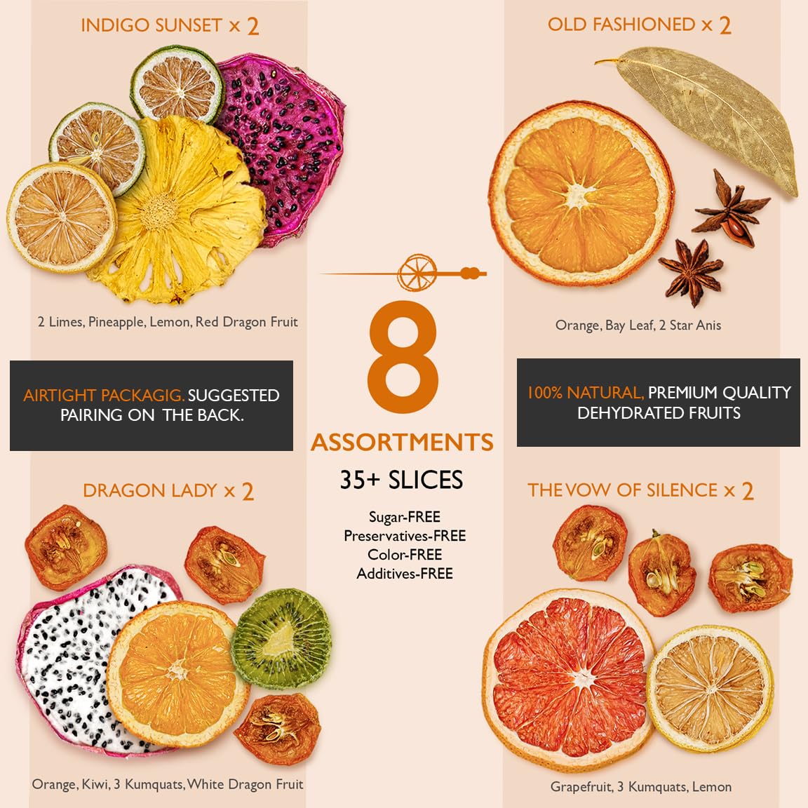 Millin Gourmet Garnish Gift Set – 100% Natural Dehydrated Fruits & Copper Cocktail Picks (35 slices + 8 picks)