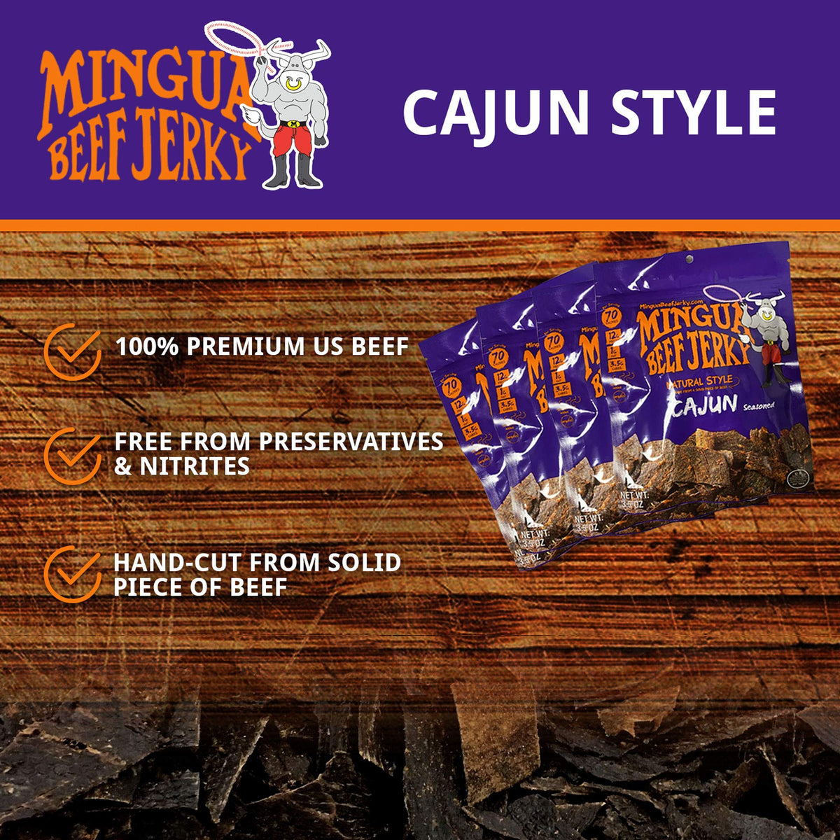Mingua Beef Jerky Cajun-Seasoned – Nitrite-Free Spicy Jerky, 100% US Beef (4-Pack)