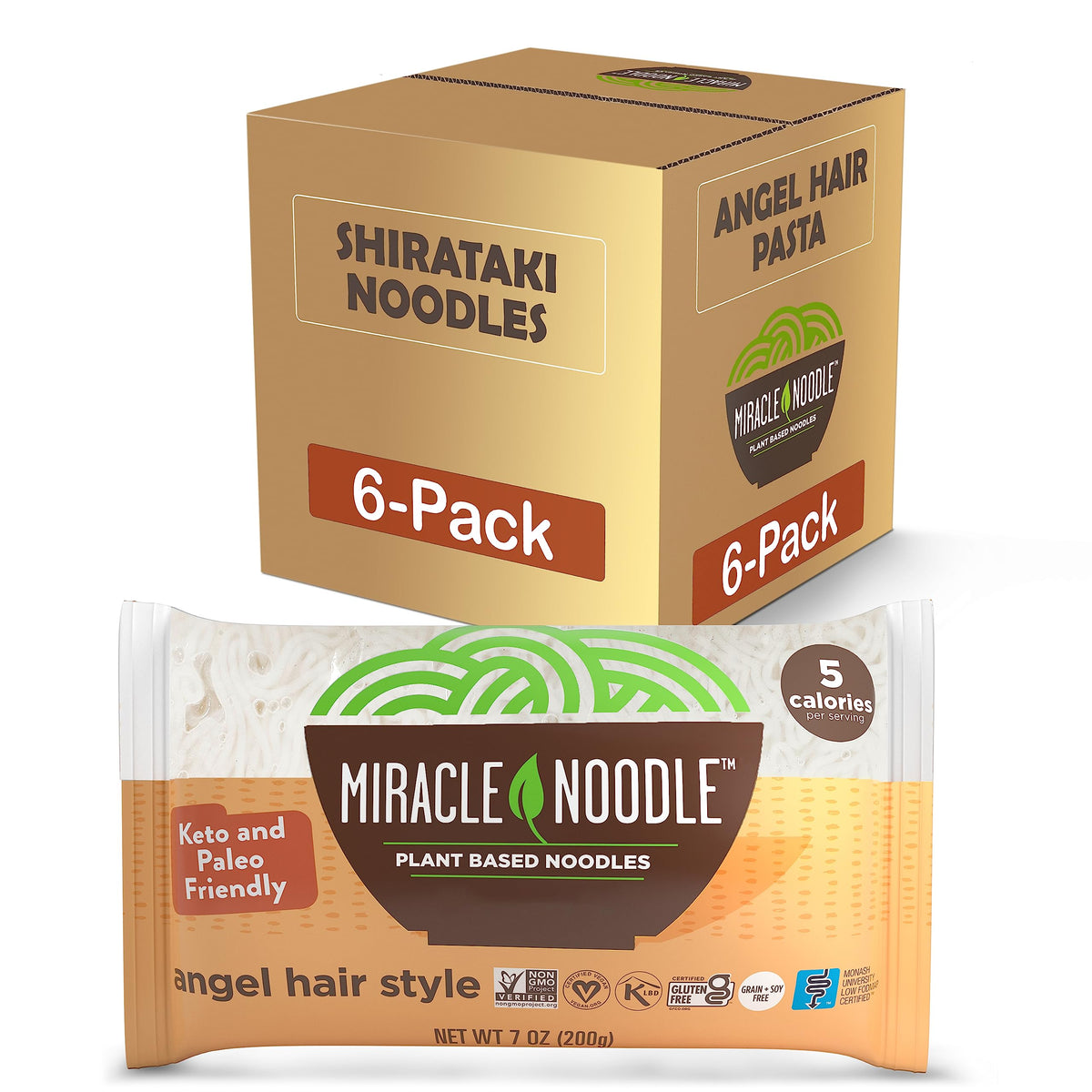 Miracle Noodle Angel Hair Pasta - Plant-Based Shirataki Noodles, Gluten-Free, Keto, Low Calorie (Pack of 6)