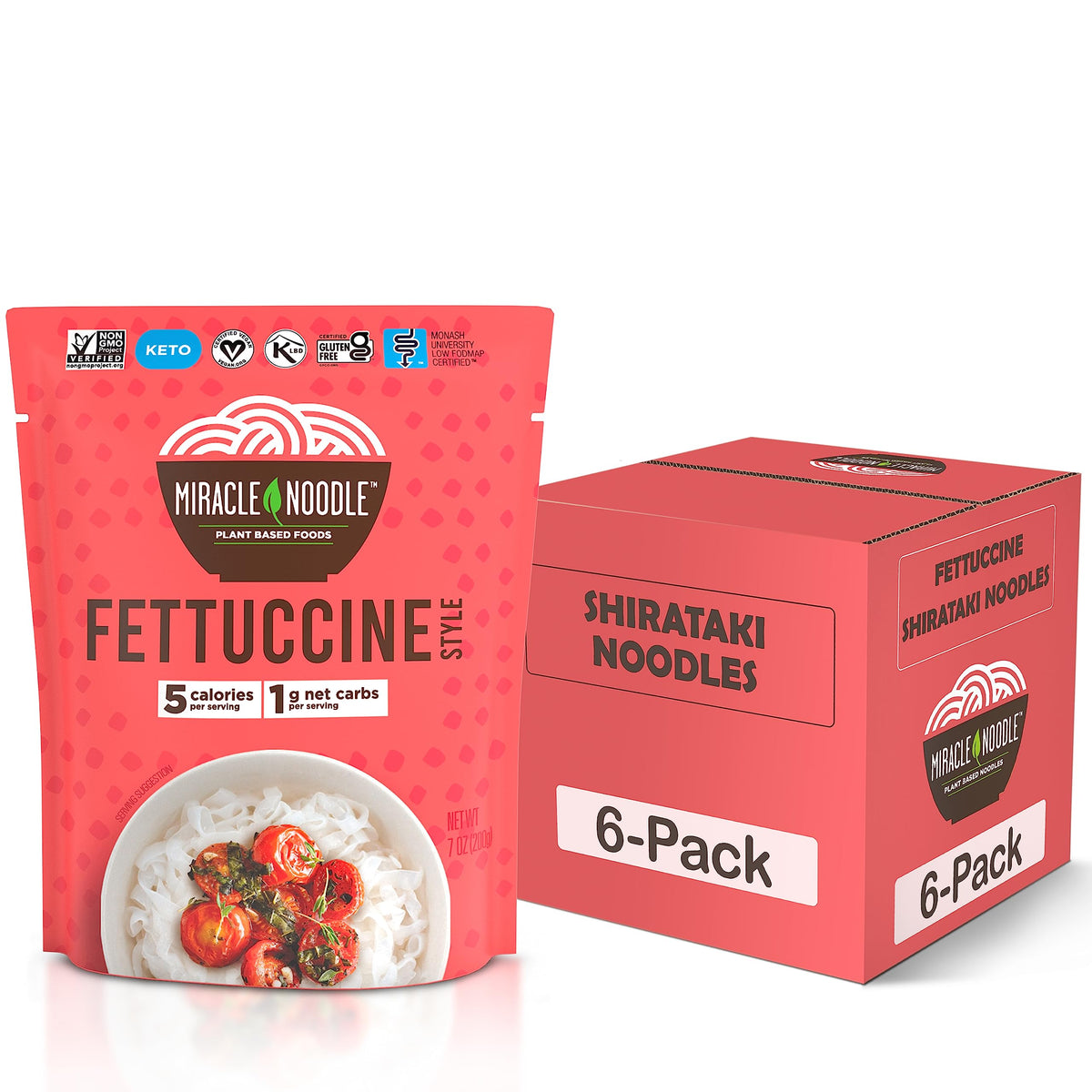 Miracle Noodle Ready to Eat Fettuccine Pasta – 7 oz x6, Plant-Based Konjac Noodles, 5 Cals, 1g Net Carbs