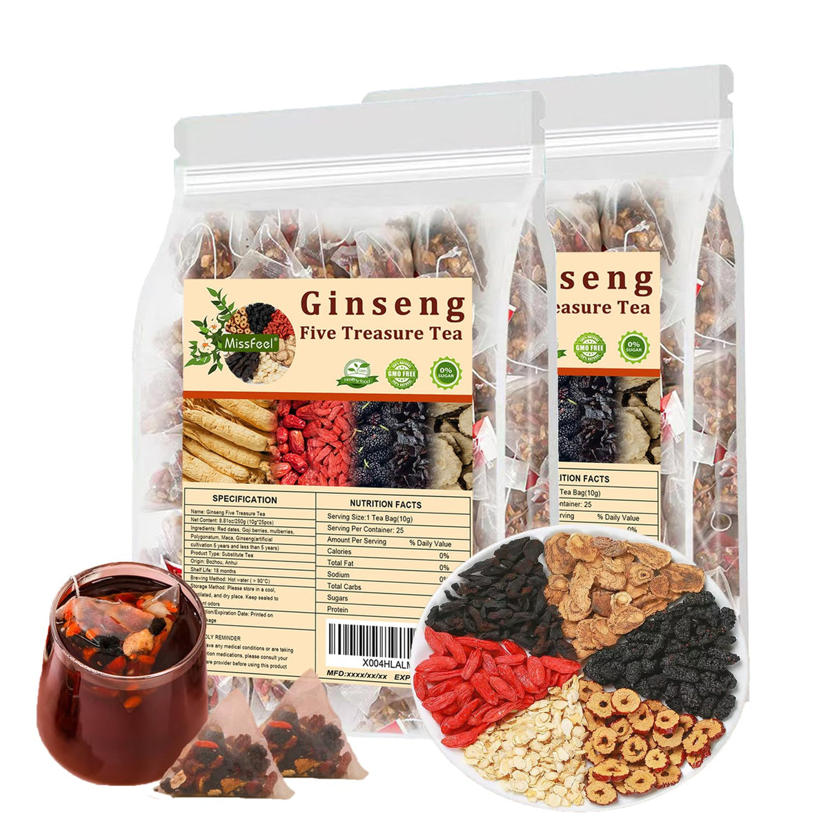 Miss Feel Ginseng Five Treasure Tea – Kidney Tea Formula, 6-Ingredient Detox Herbal Tea for Men & Women (2 Bags, 50 pcs)
