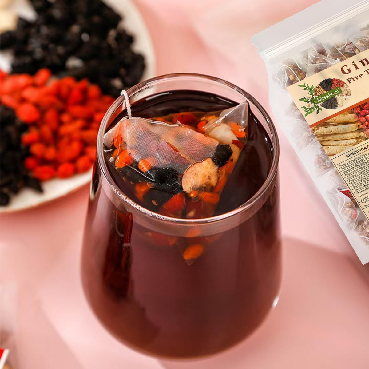 Miss Feel Ginseng Five Treasure Tea – Kidney Tea Formula, 6-Ingredient Detox Herbal Tea for Men & Women (2 Bags, 50 pcs)