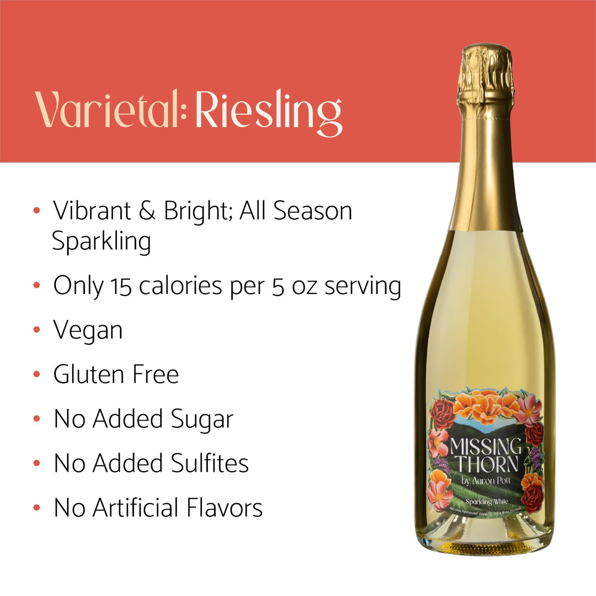 Missing Thorn Sparkling White NA Riesling by Aaron Pott — 15 Cal/5oz, Vegan, Gluten-Free