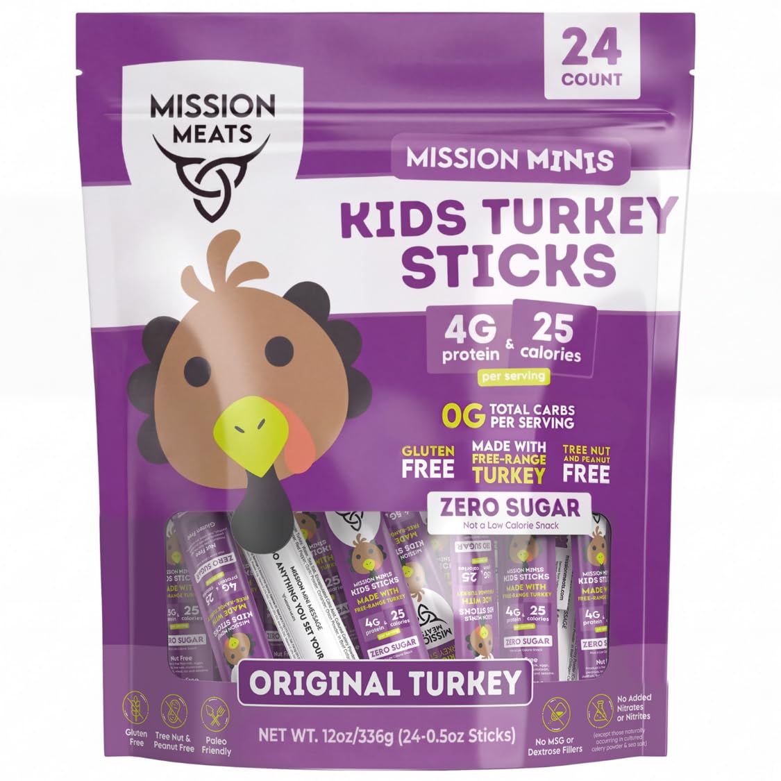 Mission Meats Kids Turkey Sticks – Free Range, Zero Sugar, 9g Protein per Serving, Gluten & Nut Free, 24 Count