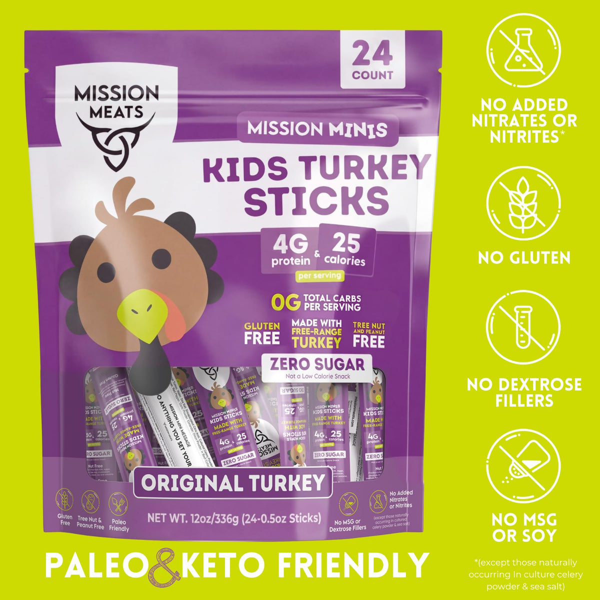 Mission Meats Kids Turkey Sticks – Free Range, Zero Sugar, 9g Protein per Serving, Gluten & Nut Free, 24 Count