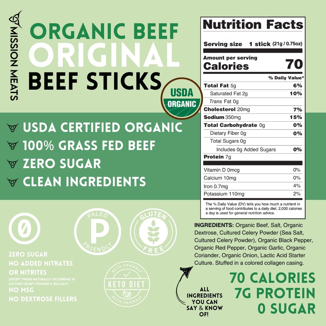 Mission Meats Organic Beef Sticks – Grass-Fed & Pasture-Raised, Zero Sugar, Non-GMO (12ct)