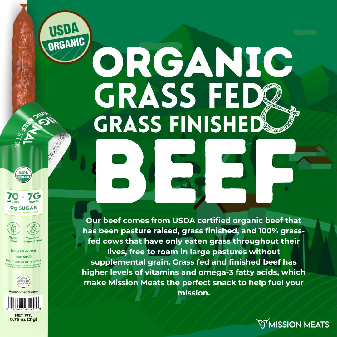 Mission Meats Organic Beef Sticks – Grass-Fed & Pasture-Raised, Zero Sugar, Non-GMO (12ct)