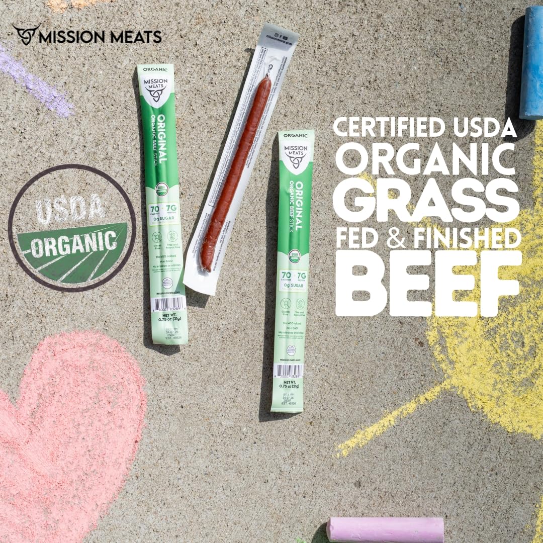 Mission Meats Organic Beef Sticks – Grass-Fed & Pasture-Raised, Zero Sugar, Non-GMO (12ct)