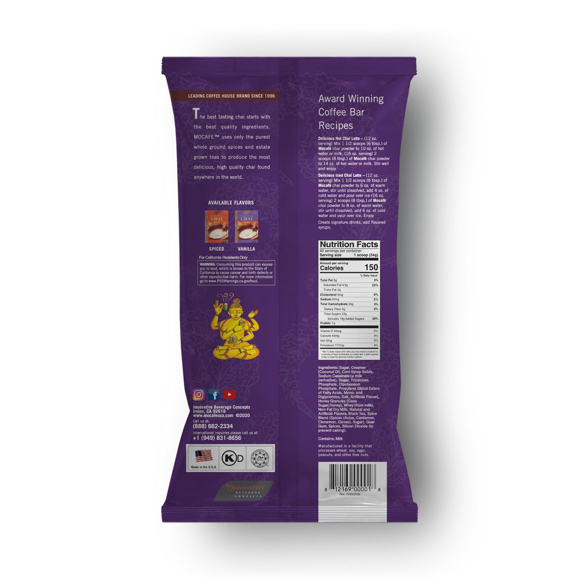 MOCAFÉ Spiced Chai Tea Latte Powder Mix – 3 lb Bulk Bag