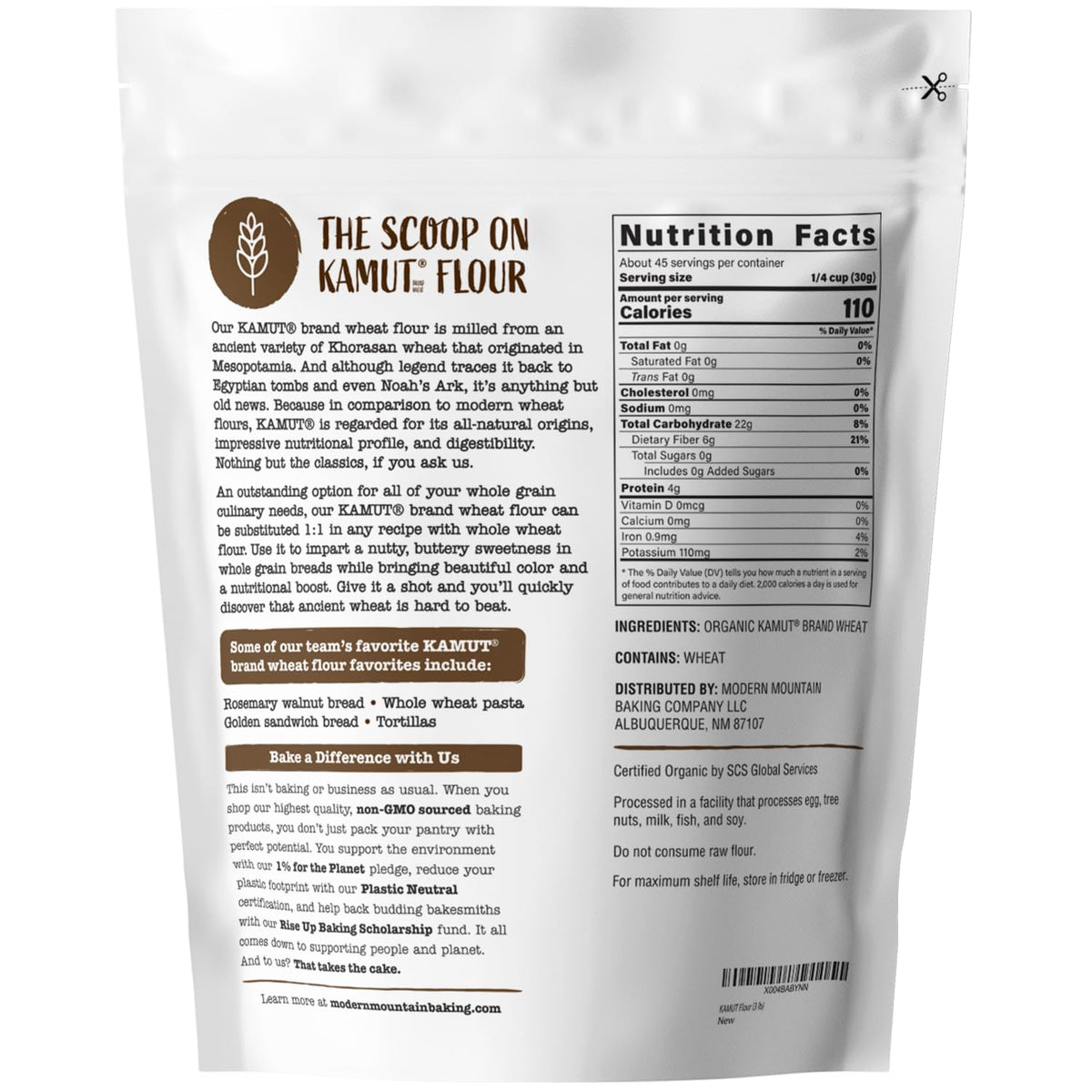 MODERN MOUNTAIN Kamut Flour (3 lb) – Organic Whole Wheat, Bulk Pouch, Kosher