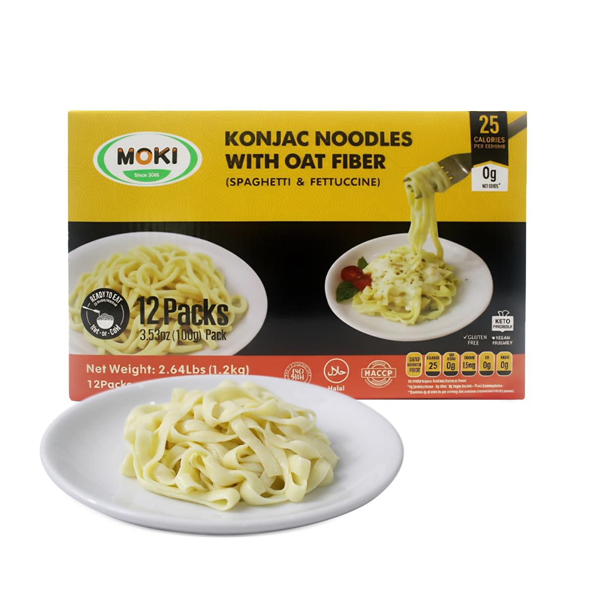 MOKI Wide Konjac Oat Fiber Noodles — 12-Pack Shirataki Thai Fettuccine, Low-Carb & Vegan