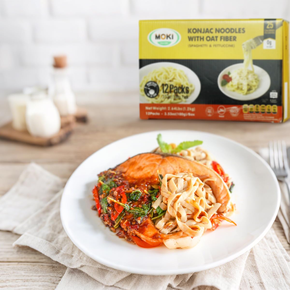 MOKI Wide Konjac Oat Fiber Noodles — 12-Pack Shirataki Thai Fettuccine, Low-Carb & Vegan