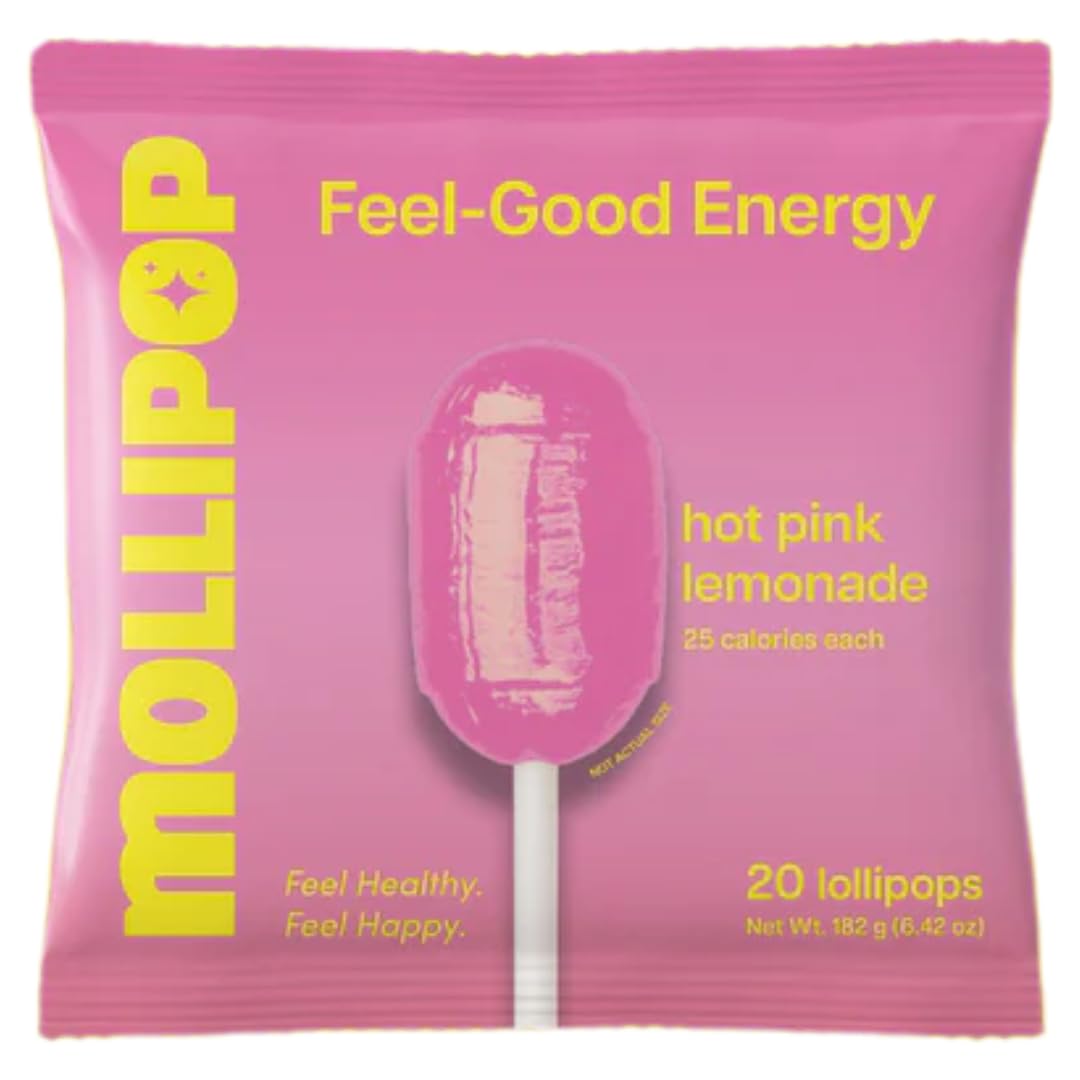 Mollipop Feel-Good Lollipops – Pink Lemonade with Yerba Mate, L-Theanine, Collagen & Electrolytes | 25 Calories Each | 20 Count