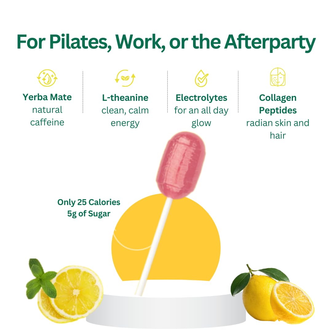 Mollipop Feel-Good Lollipops – Pink Lemonade with Yerba Mate, L-Theanine, Collagen & Electrolytes | 25 Calories Each | 20 Count