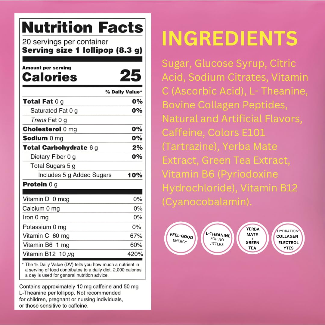 Mollipop Feel-Good Lollipops – Pink Lemonade with Yerba Mate, L-Theanine, Collagen & Electrolytes | 25 Calories Each | 20 Count