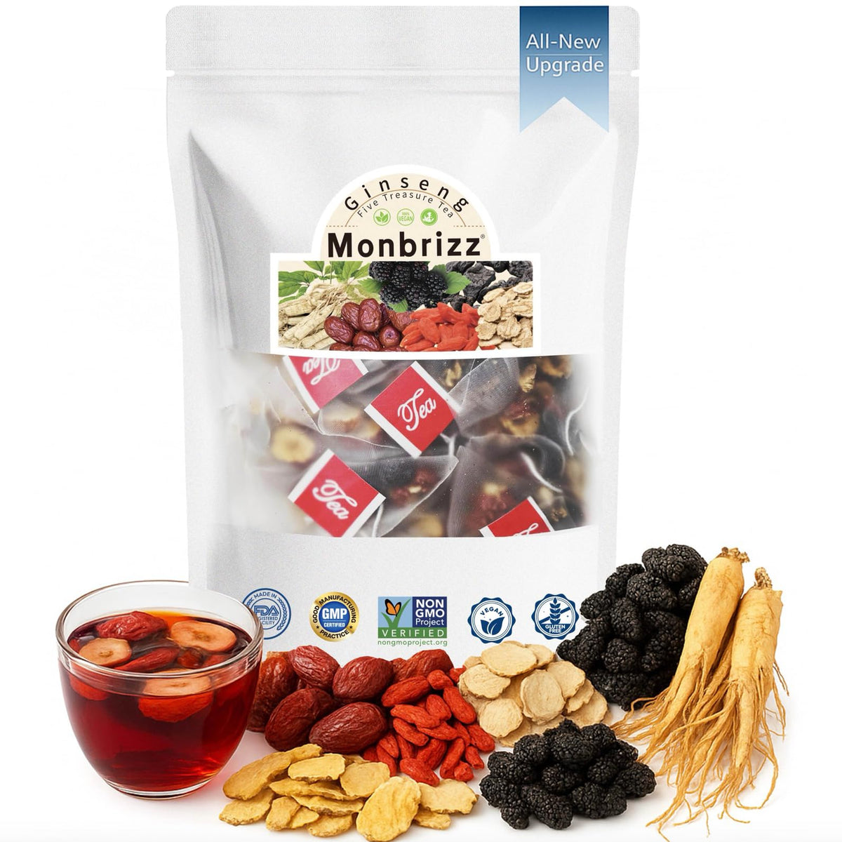 Monbrizz Kidney Tea Formula – Ginseng Six Treasure Tea with Maca, Goji & Red Dates (Caffeine-Free, 60 Count)