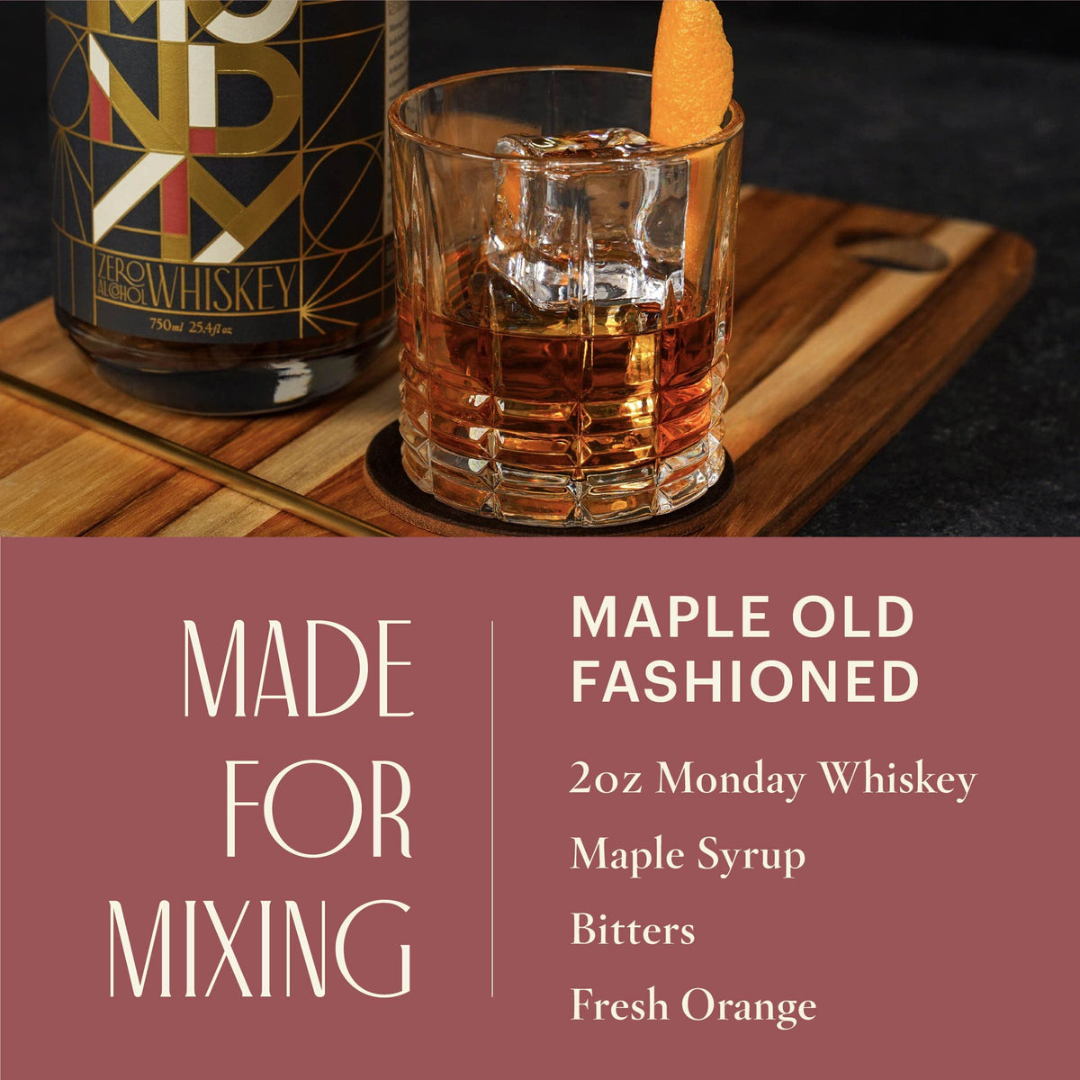 MONDAY Zero Alcohol Whiskey – Non-Alcoholic Spirit for Classic Cocktails | 0 Carbs, 0 Sugar, 0 Calories – 750ml