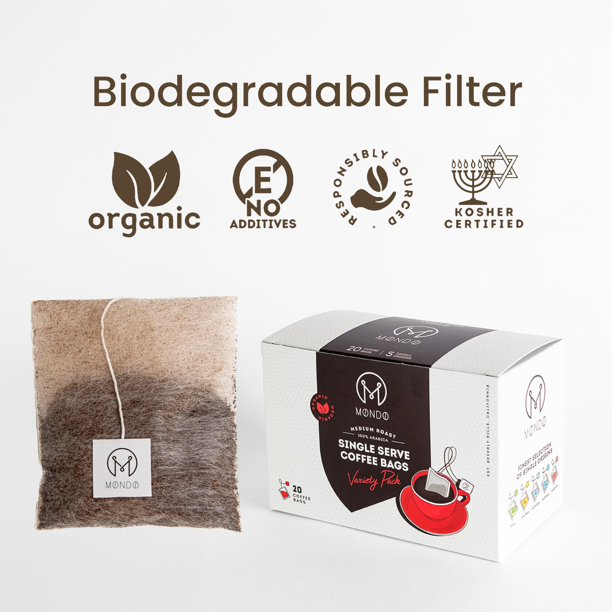 M MONDO Single Serve Coffee Bags – Organic Medium Roast, 20-Cup Variety Pack