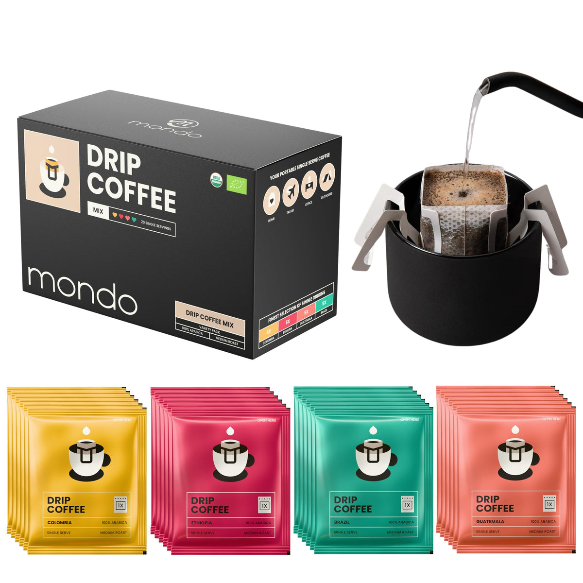 Mondo Drip Coffee Mix (20 Pack) – USDA Organic, Single Serve Pour-Over Bags, 100% Arabica, Medium Roast