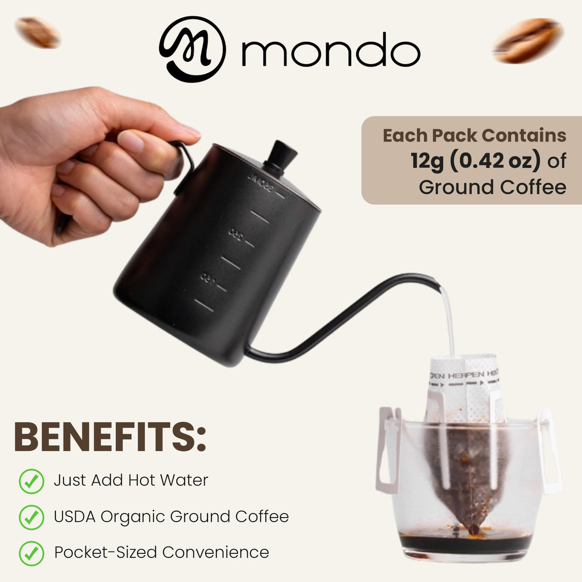 Mondo Drip Coffee Mix (20 Pack) – USDA Organic, Single Serve Pour-Over Bags, 100% Arabica, Medium Roast