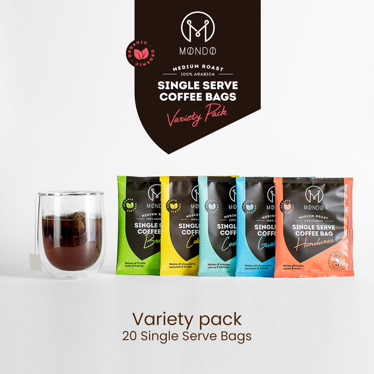 M MONDO Single Serve Coffee Bags – Organic Medium Roast, 20-Cup Variety Pack