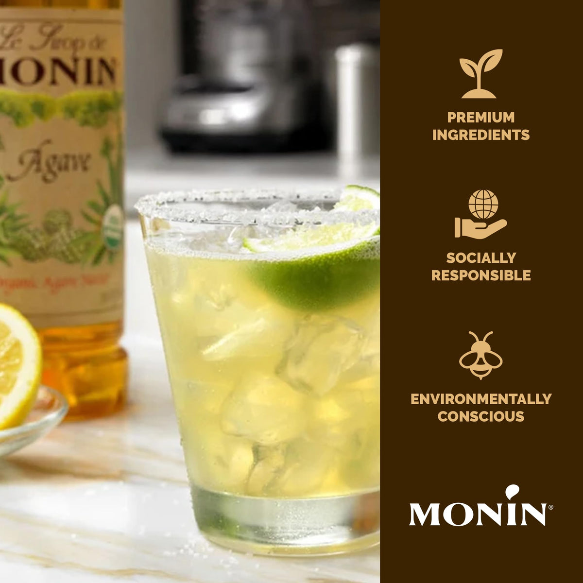 Monin Organic Agave Syrup – Sweet, Honey-Nut Flavor, 1L | Gluten-Free, Vegan, Non-GMO