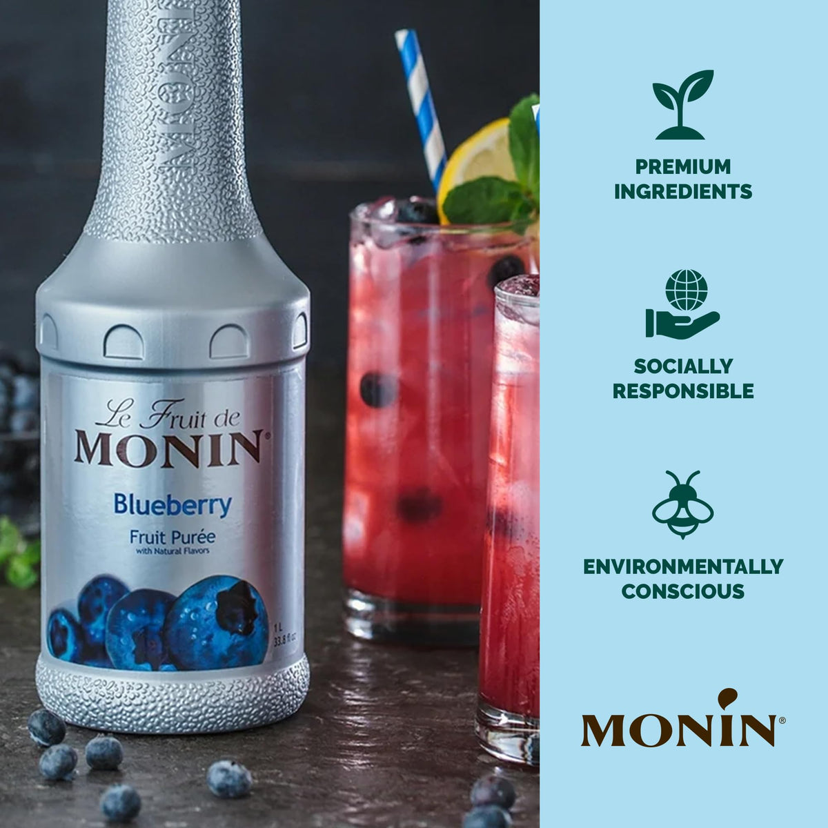 Monin Blueberry Puree – Tart & Sweet, 1 L for Cocktails, Smoothies & Lemonades