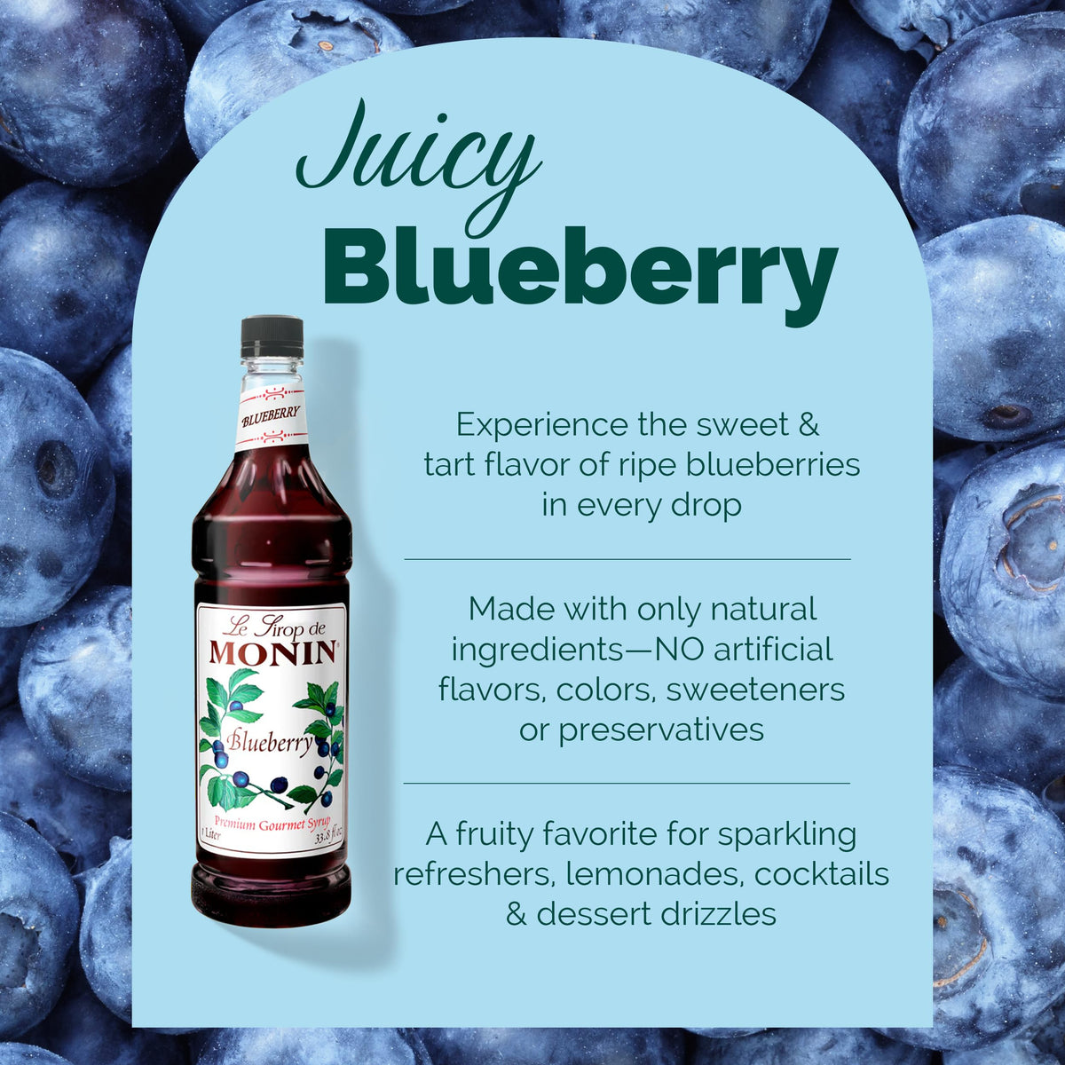 Monin Blueberry Syrup – Mildly Sweet & Tart Flavor (1 L) for Teas, Lemonades & Cocktails