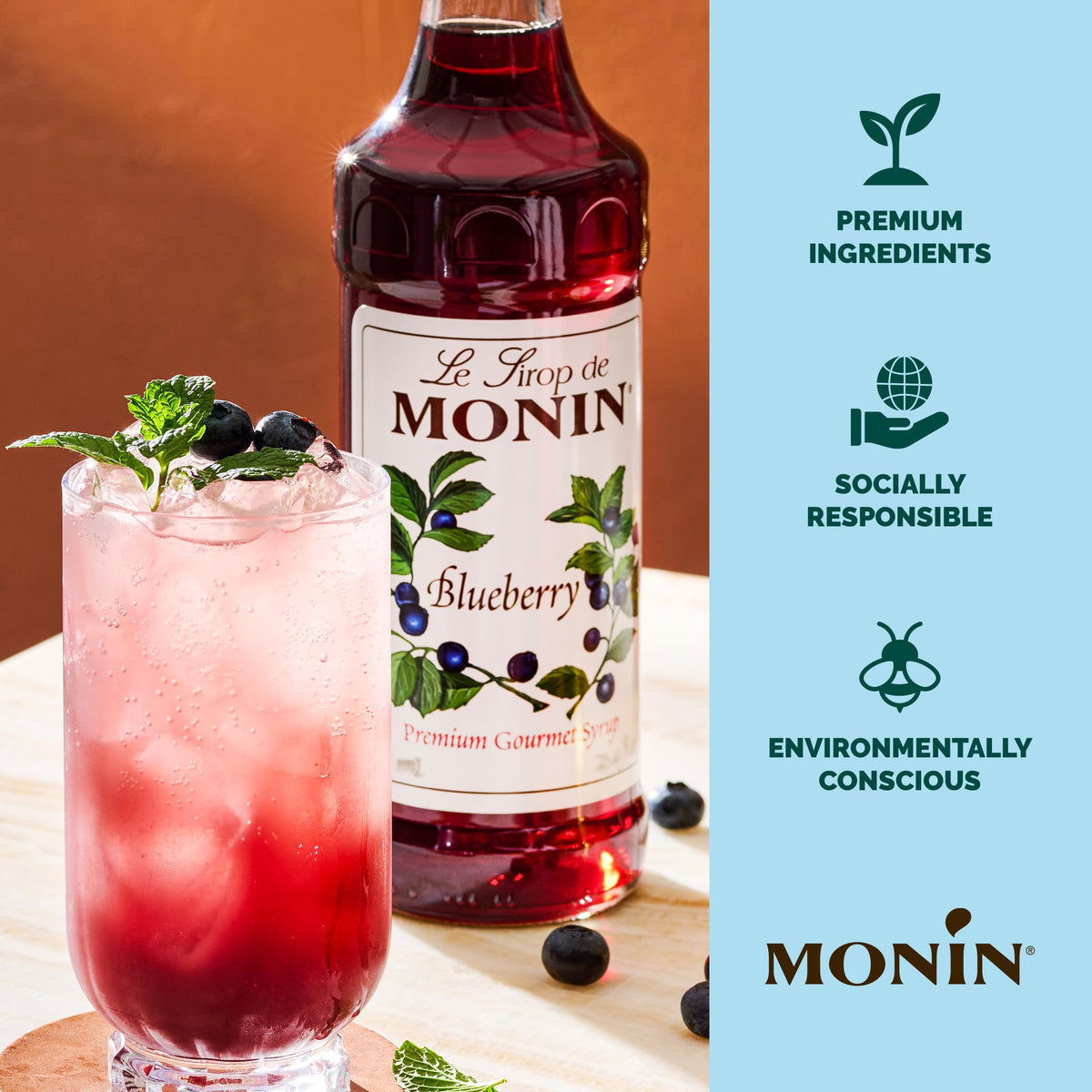 Monin Blueberry Syrup – Mildly Sweet & Tart Flavor (1 L) for Teas, Lemonades & Cocktails