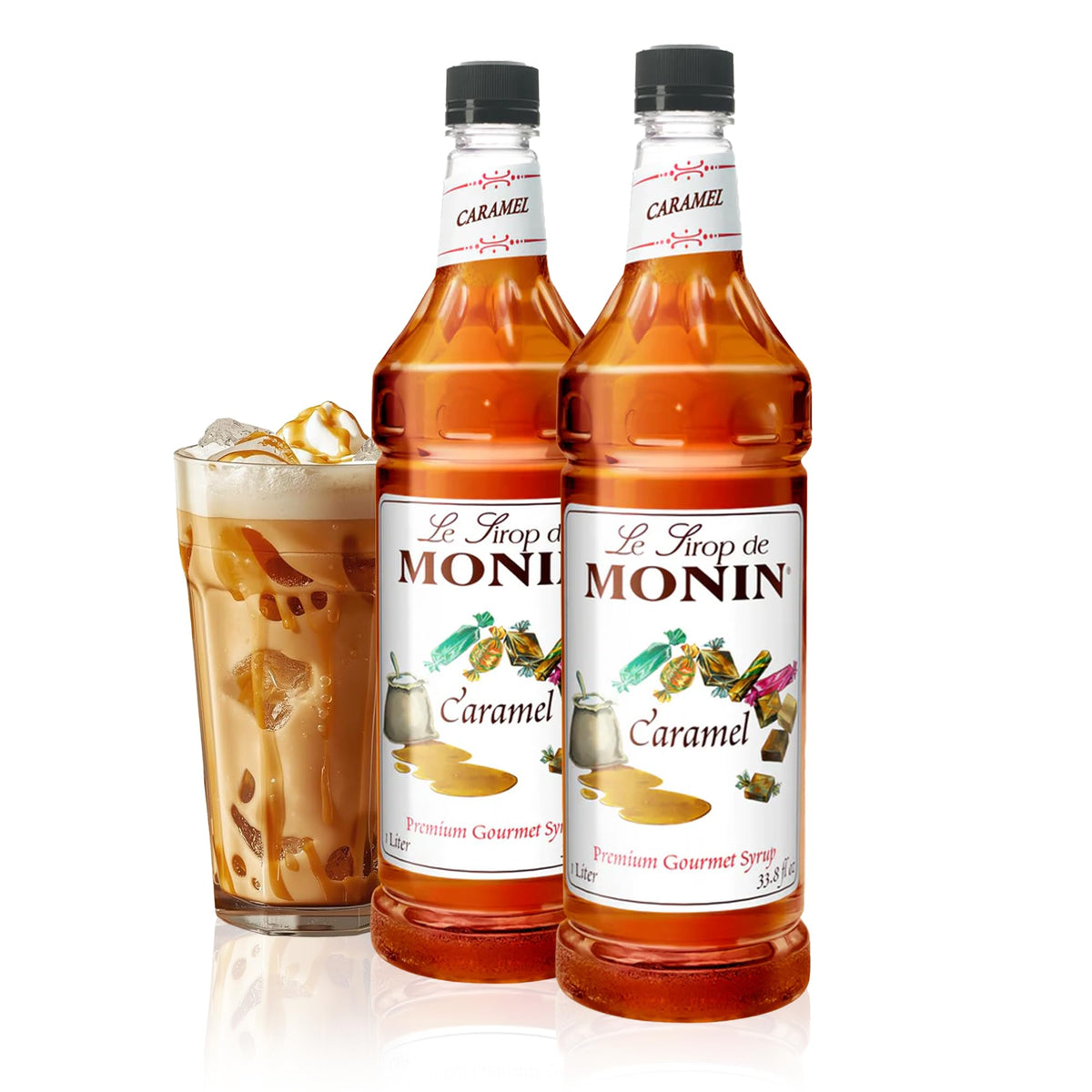 Monin Caramel Syrup – Rich, Buttery Flavor for Desserts, Coffee & Cocktails | 1L (2-Pack)