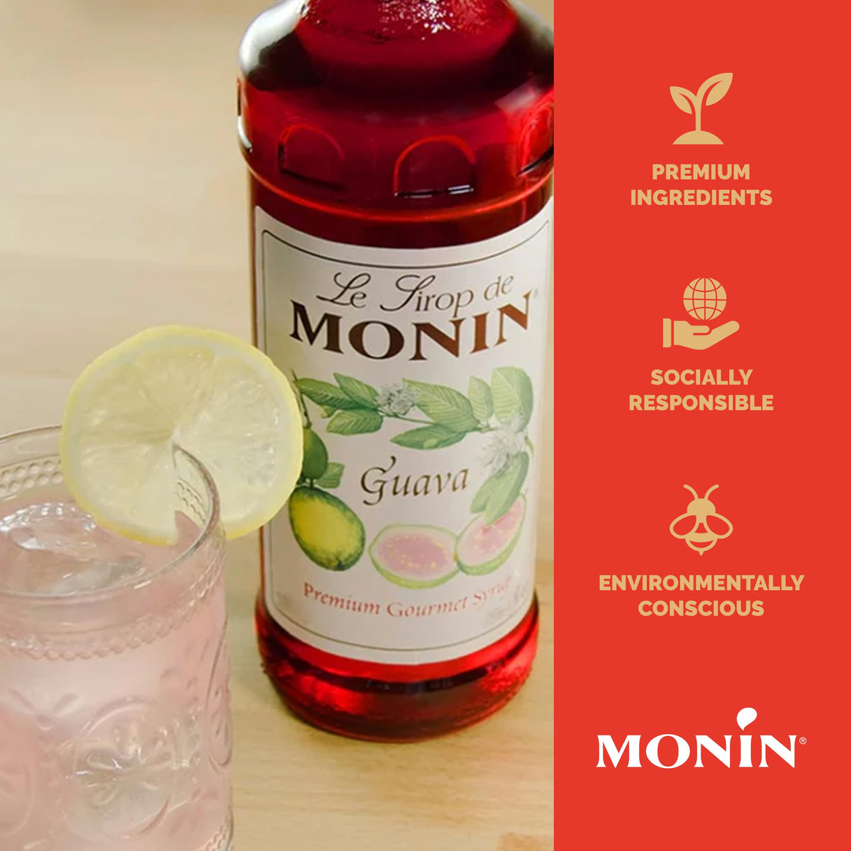 Monin Guava Syrup – Premium Tropical Flavor for Cocktails, Mocktails & Frozen Drinks | Clean Label, BPA-Free 750 ml