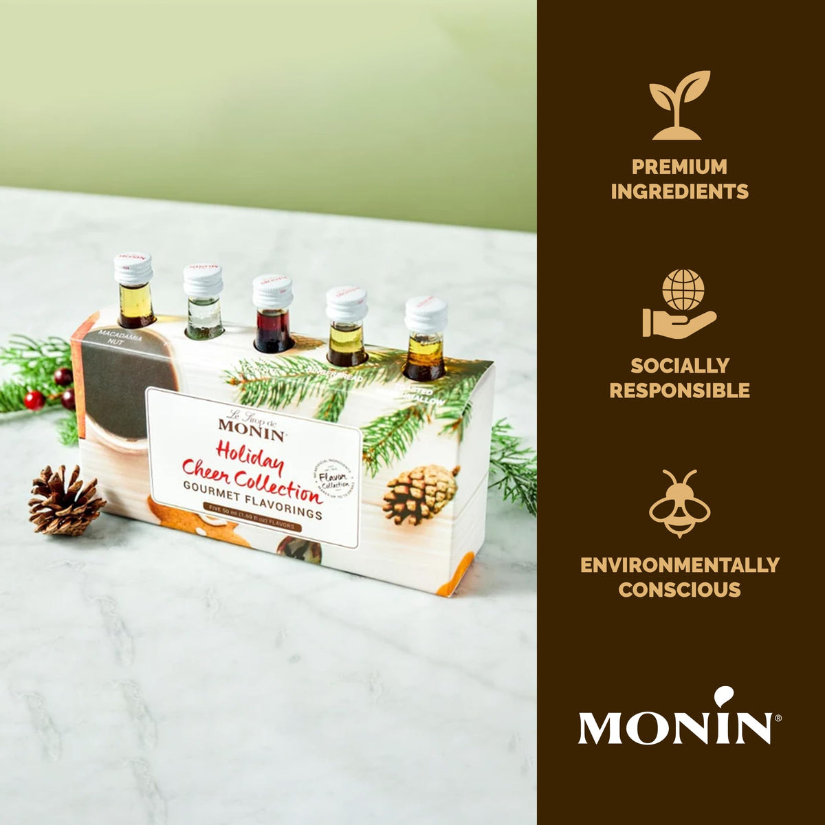 Monin 5 Flavor Holiday Cheer Collection – Macadamia Nut, Peppermint, Cookie Butter, Toasted Marshmallow & Gingerbread (1.69 oz bottles) | Gluten-Free & Allergen-Free