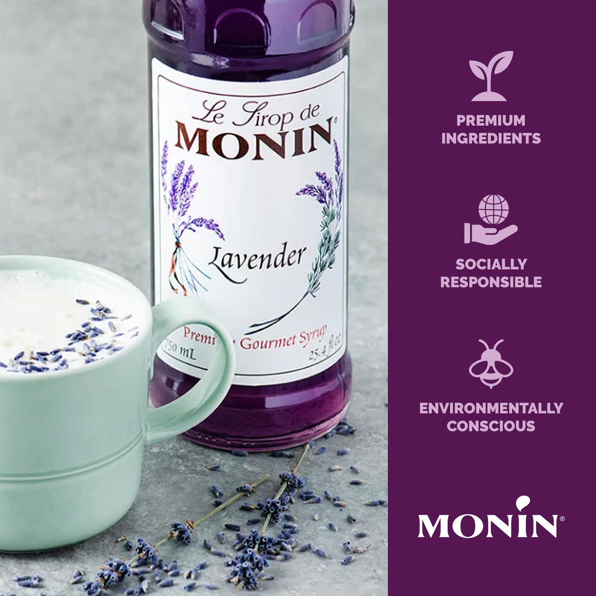 Monin Lavender Syrup with Pump – Floral Flavor for Lattes, Cocktails & More | Clean Label, BPA-Free Bottle
