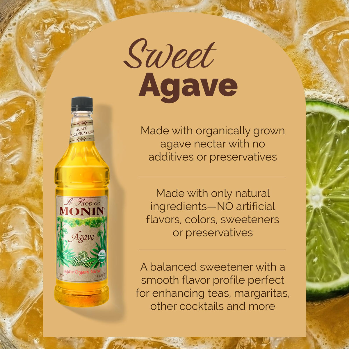 Monin Organic Agave Syrup – Sweet, Honey-Nut Flavor, 1L | Gluten-Free, Vegan, Non-GMO