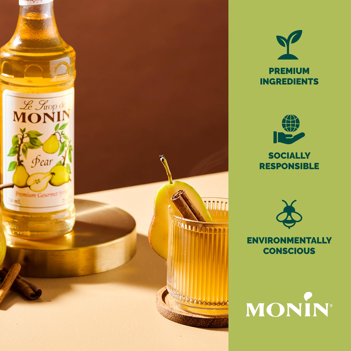Monin Pear Syrup - Premium Pear Syrup for Cocktails, Tea & More | Clean Label, No Artificial Flavors or Preservatives | BPA-Free Glass 750 ml