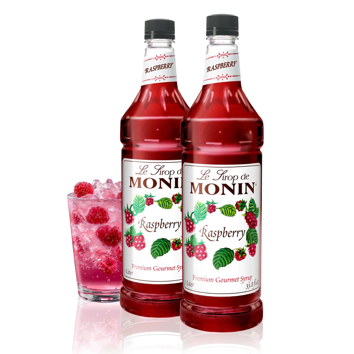 Monin Raspberry Syrup - Sweet & Tart, Great for Cocktails & Lemonades, Gluten-Free, Non-GMO (1 Liter, 2-Pack)