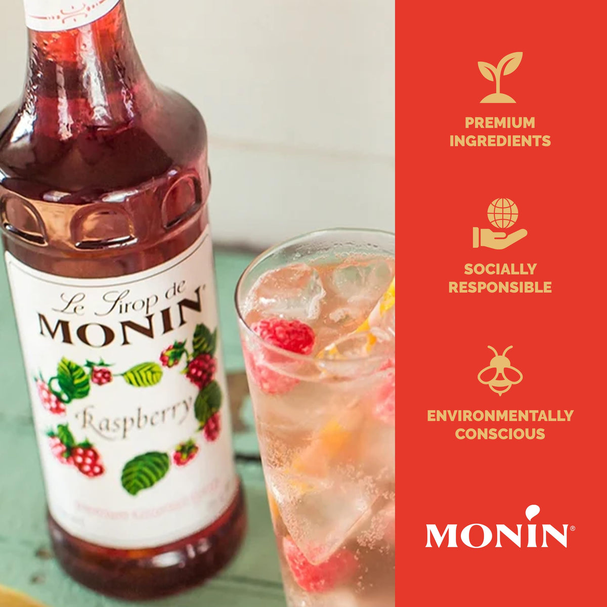 Monin Raspberry Syrup - Sweet & Tart, Great for Cocktails & Lemonades, Gluten-Free, Non-GMO (1 Liter, 2-Pack)