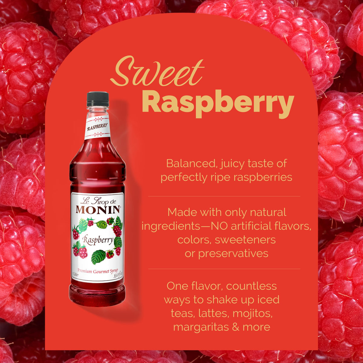 Monin Raspberry Syrup - Sweet & Tart, Great for Cocktails & Lemonades, Gluten-Free, Non-GMO (1 Liter, 2-Pack)