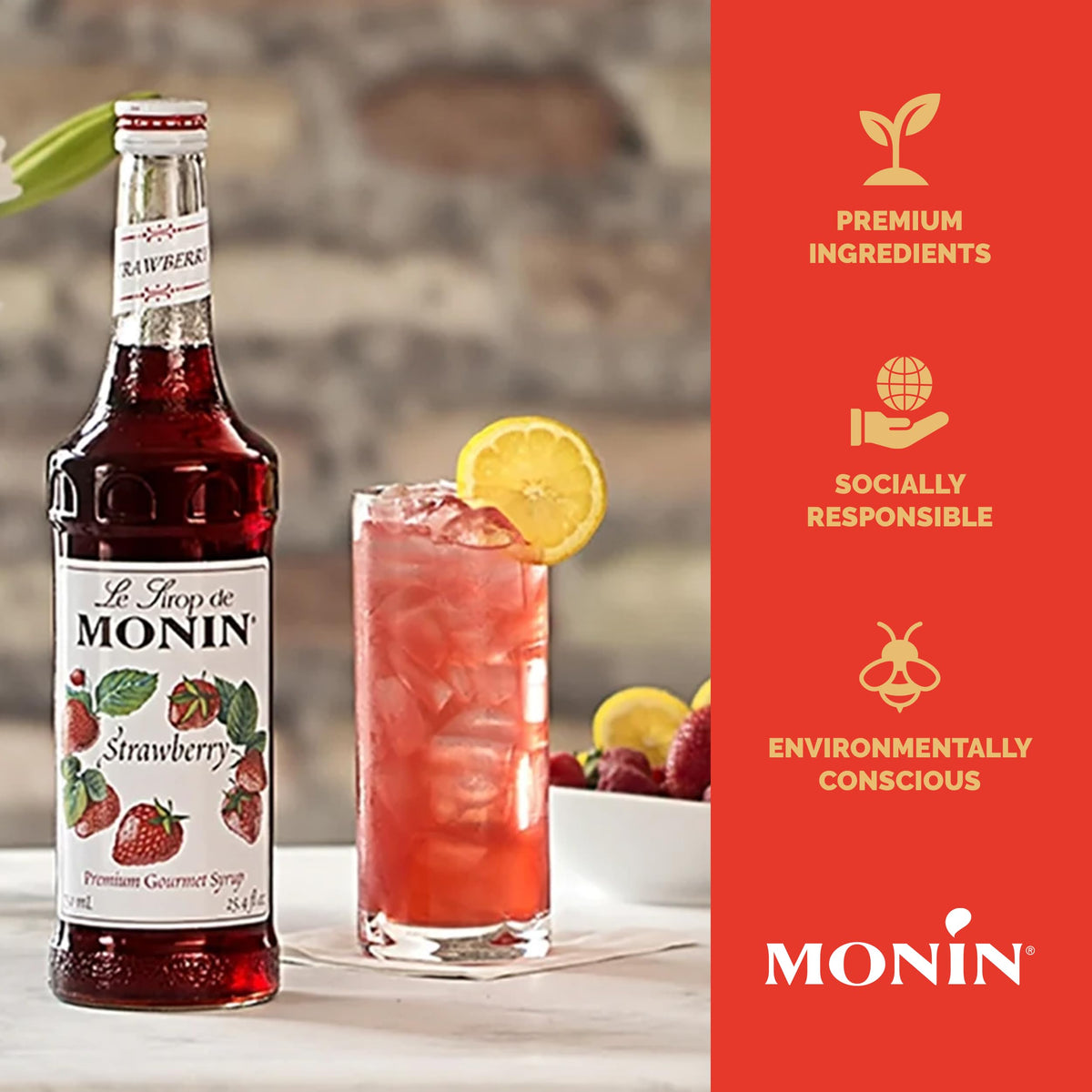 Monin Strawberry Syrup - Mild & Sweet (1 L) for Cocktails & Teas | Gluten-Free, Non-GMO