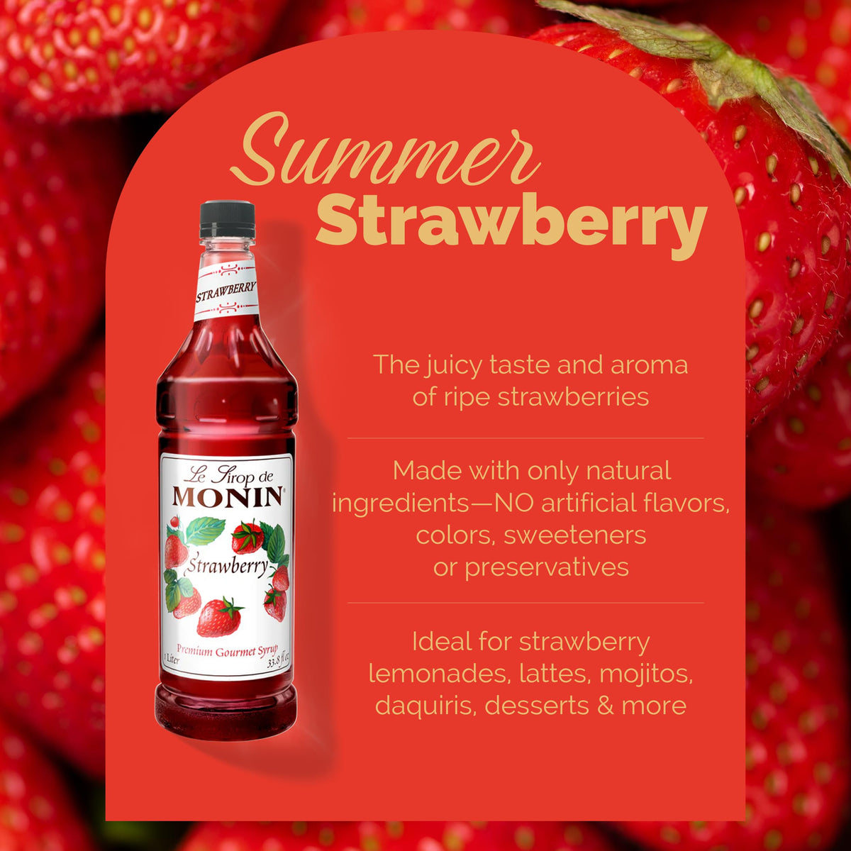 Monin Strawberry Syrup - Mild & Sweet (1 L) for Cocktails & Teas | Gluten-Free, Non-GMO