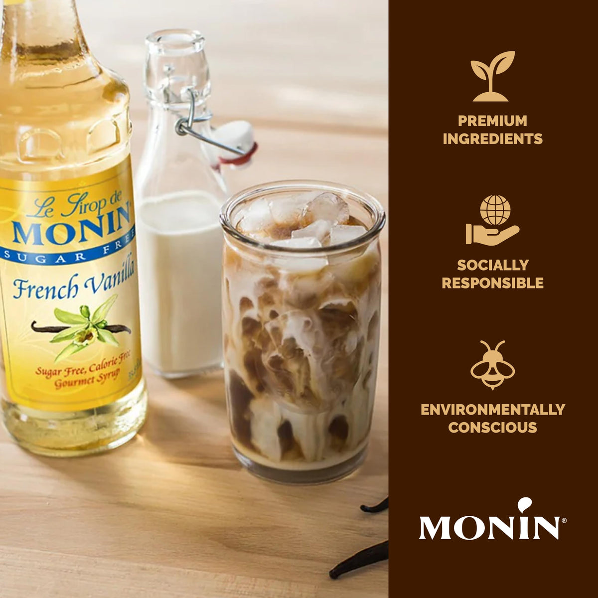 Monin Sugar Free French Vanilla Syrup – Bold Vanilla Bean Flavor for Coffee, Lattes & More (1 Liter)