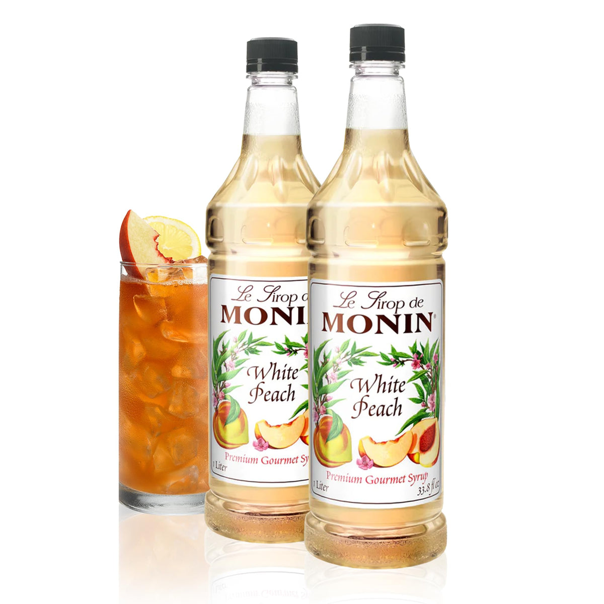 Monin White Peach Syrup – Juicy Peach Flavor for Cocktails, Mocktails, Iced Teas & Smoothies (1L, 2-Pack) | Gluten-Free & Non-GMO