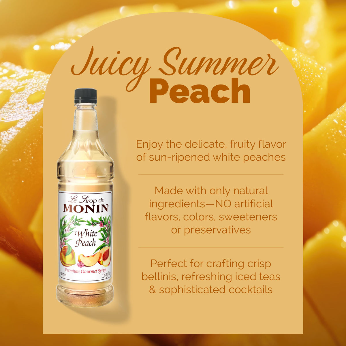 Monin White Peach Syrup – Juicy Peach Flavor for Cocktails, Mocktails, Iced Teas & Smoothies (1L, 2-Pack) | Gluten-Free & Non-GMO