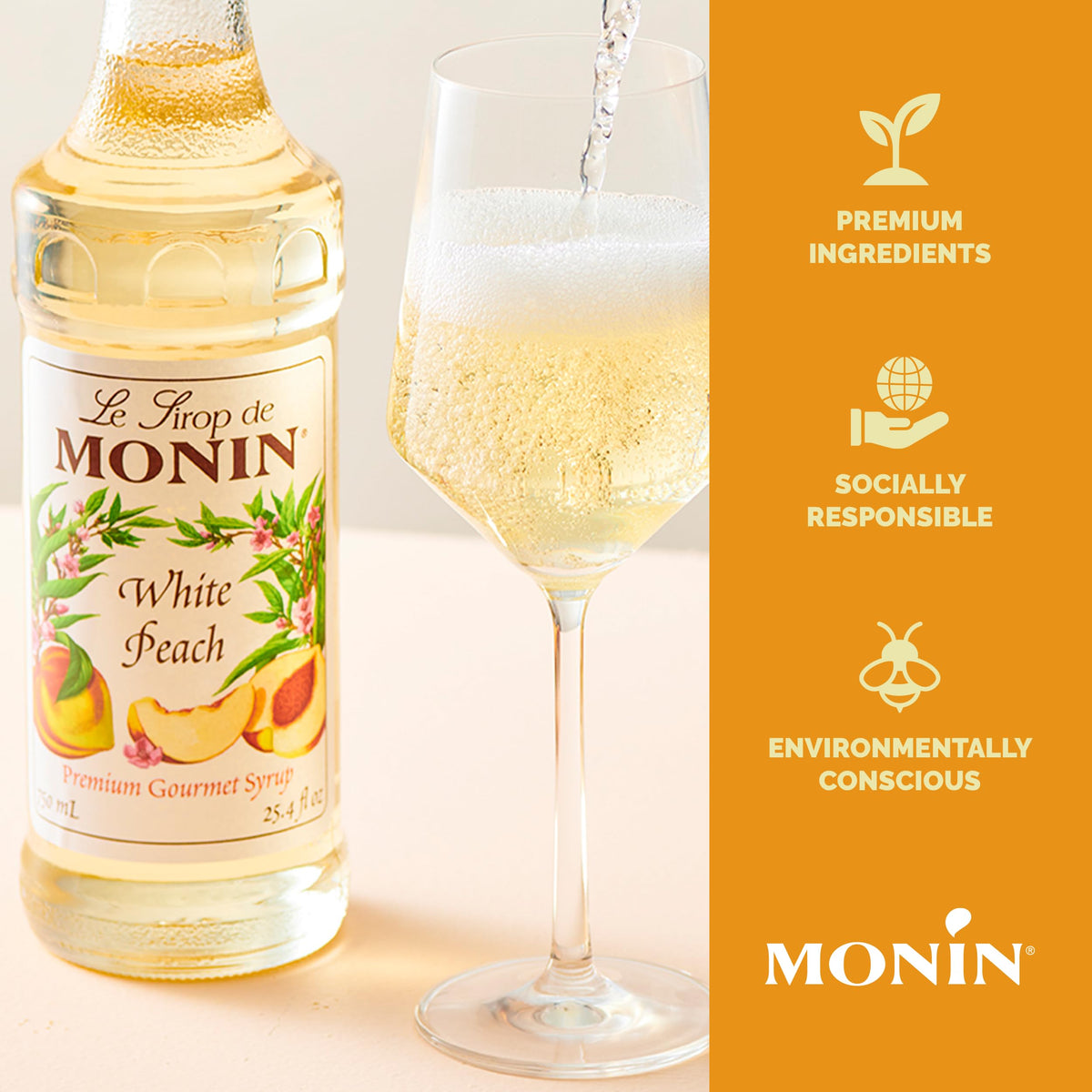 Monin White Peach Syrup – Juicy Peach Flavor for Cocktails, Mocktails, Iced Teas & Smoothies (1L, 2-Pack) | Gluten-Free & Non-GMO