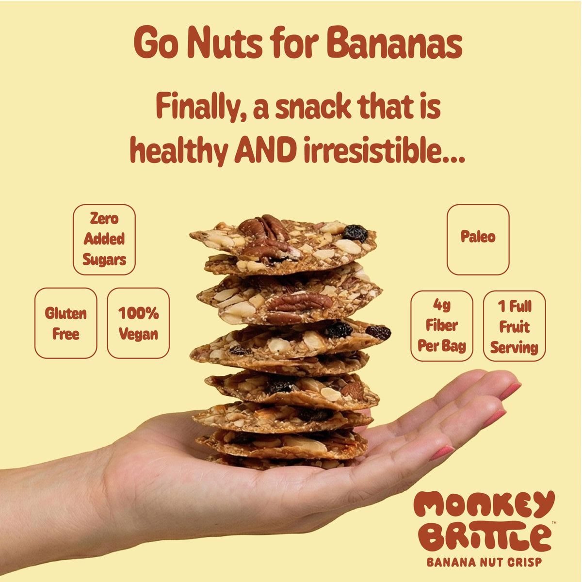 Monkey Brittle Healthy Snacks — Crispy Plant-Based Treats, Vegan & Gluten-Free (Pack of 6)