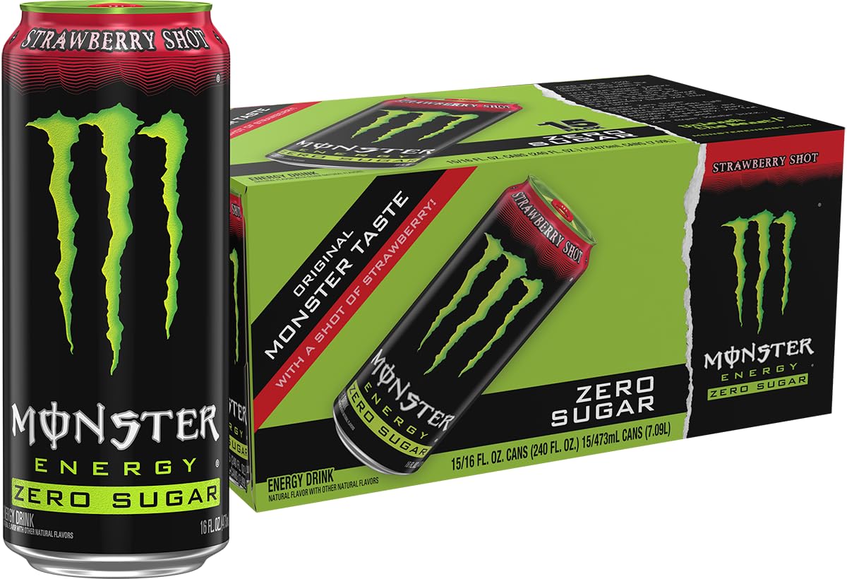 Monster Energy Zero Sugar Strawberry Shot – 16oz Can Pack (15 Cans)