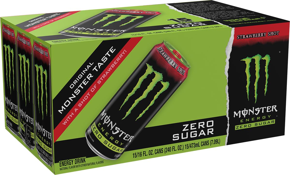 Monster Energy Zero Sugar Strawberry Shot – 16oz Can Pack (15 Cans)