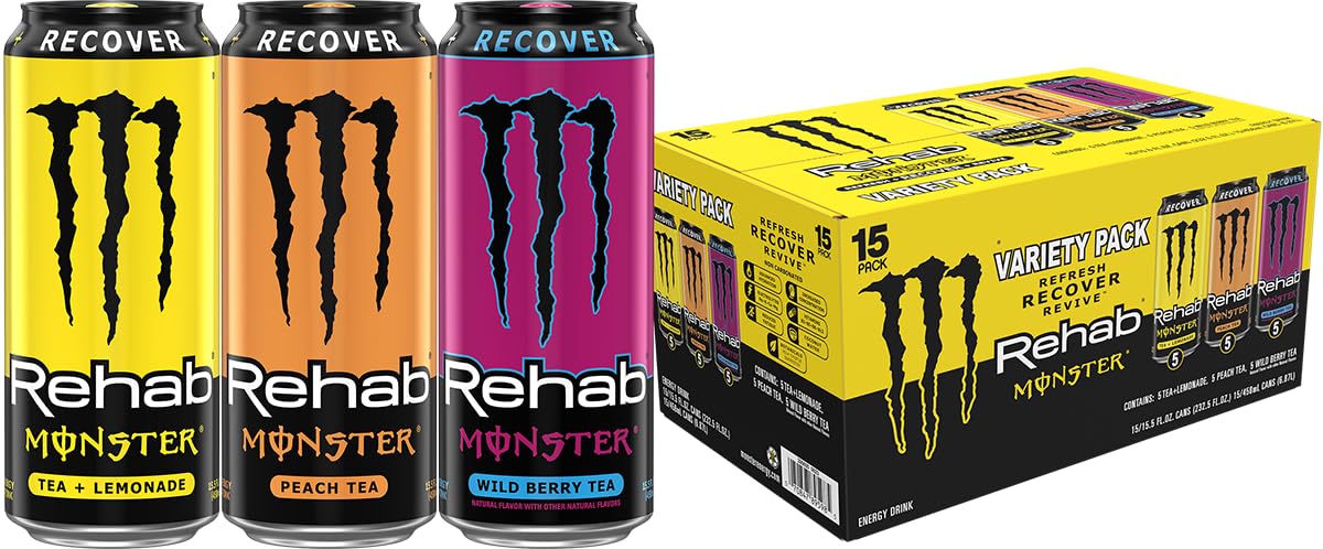 Monster Rehab Variety Pack – Tea + Energy, 25 Calories per Can, 15.5 oz