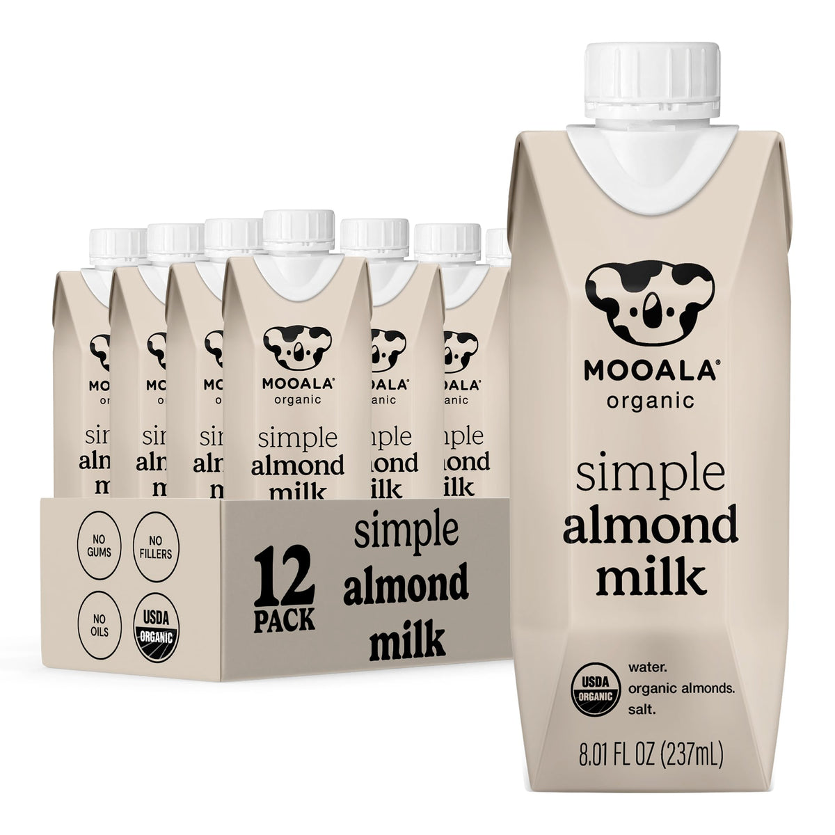 Mooala Organic Simple Almondmilk — Unsweetened, 3 Ingredients, No Gums or Oil | Shelf-Stable Single-Serve 12 Pack